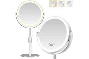 B Beauty Planet Magnifying Mirror with Light, Double Sided 1X/20X Makeup Mirror for Bathroom, Adjustable Height and 3 Color Light, Detachable for travel, Suitable for Vanity or Makeup (Silvery)