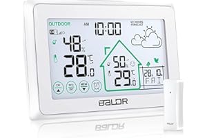 BALDR Wetterstation Funk mit Außensensor, Digital DCF-Funkuhr Innen und Außen Thermometer Hygrometer mit Wettervorhersage, Funkthermometer mit Batteriebetrieben Wetterstation, weiß