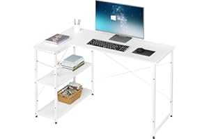 Klihome Scrivania ad Angolo Reversibile 120cm, Scrivania a Forma di L con 2 Ripiani, Scrivania da Ufficio con Libreria, Tavolo da Lavoro, Tavolo Gaming, in Legno e Metallo, Bianco