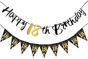 KELTRA 18th Birthday Decorations,Happy 18th Birthday Banners Black And Gold Party Decoration Eighteen Bday Banner Bunting Ceiling Topper Paper Backdrop Party Decs,for Boy Girls Men Women (Black Gold 18th)
