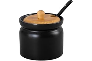 GALICJA RONNIE Azucarero de cerámica con cuchara y tapa, azucarero negro, estable y espacioso azucarero de cerámica con tapa y cuchara, accesorios de cocina, 8,5 x 8 cm