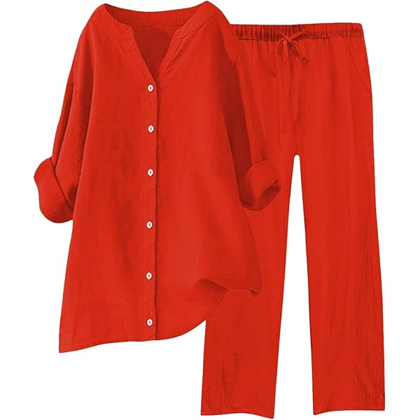 Set Donna 2 Pezzi Loungewear - Top Con Bottoni E Pantaloni Largo In Cotone Lino, Plus Size - Foto 13
