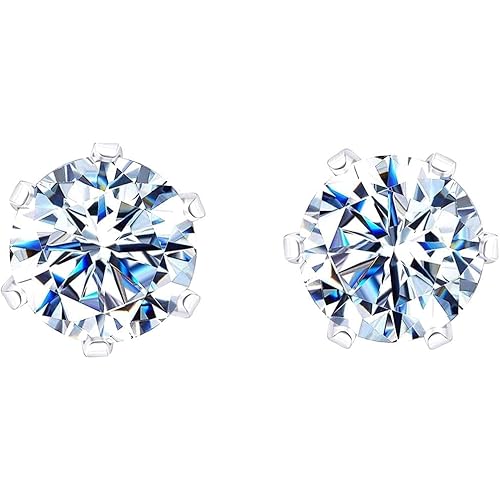 HIGHSPARK 925 Silver Solitaire Stud Earrings | 92.5 Sterling Silver & Round Brilliant Cubic Zirconia Tops for Men Women