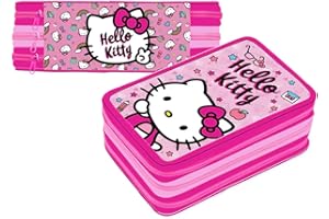 VARZI Astuccio 3 Scomparti Completo, Per Hello Kitty Fan, 44 Pezzi Inclusi, Penne, Matite, Pennarelli, Pastelli – Scuola Elementare e Regalo – Gadget Ufficiale Per Bambina