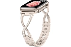Sixmoat Metal Straps Compatible with Apple Watch Strap for Women 38mm 40mm 41mm 42mm 44mm 45mm 46mm 49mm, Bling Dressy X-Shape Bracelet for iWatch Ultra SE Series 11 10 9 8 7 6 5 4 3 (Starlight)