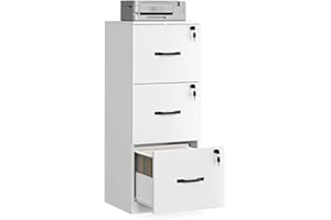 VASAGLE Meuble de Bureau, Meuble de Rangement, Support pour Imprimante, avec 3 Tiroirs Verrouillables, Tringles Réglables, Compatible avec Formats A4, Blanc Nuage OFC055W14