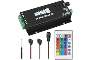 VIPMOON 4 Pin LED Strip Light Controller with 24 Keys Wireless IR Remote, Music LED Strip Light Controller, Compatible with 5050 3528 LED RGB Strip Lights, DC 12V-24V