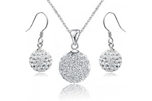 Crystalline Azuria 925 Plata de Ley Cristales Disco Bola Blanco Juego de joyas Collar con Colgante 45 cm Pendientes para Mujer y Niña