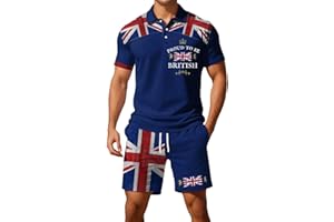 GENERIC Mens Union Jack Shorts Suits UK Summer Short Sleeve Polo Shirts and Shorts Sets 2025 Holiday Lounge Golf 2 Piece Outfits Activewear Gym Tractsuits Business Casual Matching with Pocket Plus Size