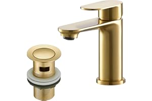 Bathroom Taps with Drain, BATHWEST Basin Mixer Tap with Pop Up Waste, Modern Monobloc Single Lever Brass Basin Taps Mixer with Sink Plug 072GO (Gold)