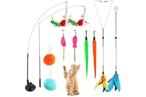 LFBEST 14 sztuk zabawek dla kotów z 1 przyssawką, wędka dla kota z 2 chowanymi, 10 zapasowymi piórami / dzióbką z dzwonkami, 2 zabawki dla kota do zawieszenia na drzwiach, zestaw zabawek dla kotów i kotów