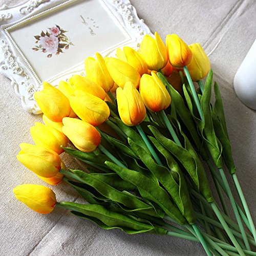 20 Stück Tulpe künstliche Blumen mit Blätter Dekoriere Kunstblumen Latex Real Touch Bridal Wedding Bouquet Home Decor Gelb - 3