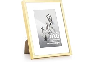 FEIHORRM 6x8 Picture Frame, Aluminium Gold 6x8 inch Photo Frame, 6x8 Poster Frame with Mount for 4x6 Photo with Tempered Real Glass, Tabletop & Wall Mounting Display Poster Frame for Home & Wall Decor