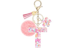 JSRQT Cute Pink Initial Letter Keychain, Flower Sequins Resin Alphabet Letter Keyrings, Flower Tassel Poms Pendants Bag Charm Car Key Chains