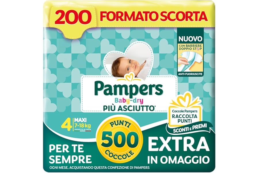 Pampers Baby Dry Maxi, Size 4 (7-18 kg), Stock Size, Anti-Leak Barriers, Drier Up to 12h, Reinforced and Wraparound Tabs, 200 Baby Nappies + 500 Free Points