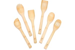 Puluole de 6 Cuillere en Bois-Ustensiles de Cuisine Bois Naturel,Spatule Cuisine Bois de 30 cm,Cuillere en Bois de Cuisine,Ustensile Bois Adaptés aux Poêles Antiadhésives,Durables et Ergonomiques