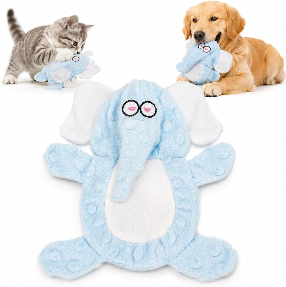 SOGUD Kedi Köpek Oyuncağı Sesli Hışırtılı Peluş Fil, Isırınca Öten Kafa, Hışırtı Sesli Göğüs Kısmı, Yumuşak Etkileşimli Evcil Hayvan Oyuncağı, 24 x 17 cm, Açık Mavi