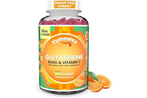 NATURYZ L-Glutathione with Biotin 2-in-1 Gummies Vitamin C, Vitamin E & Astaxanthin Skin Glow, Brightening, Depigmentation, Hair Growth for Men & Women No added sugar- 30 Gummies (Orange)