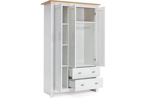 Blisswood 3 Door 2 Drawer Wardrobe For Bedroom MDF With Shelf Hanging Rail Cloth Storage Wooden Wardrobe With Drawer Large Cupboard Bedroom Furniture, White & Oak