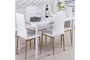 DZOVAD White Dining Table and Chairs Set 4, Modern MDF Dining Table and 4 Faux Leather Chairs, 5 Piece Set