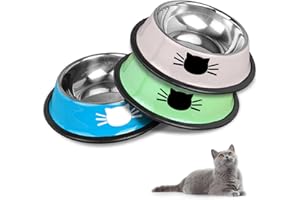 HTRTRR Juego de cuencos para gatos, cuencos antideslizantes de acero inoxidable, cuencos para comer, bebederos para gatos, cuencos grandes para gatos y bebederos para mascotas (azul+verde+gris)