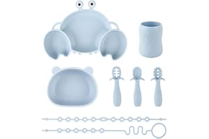 NOHLERLIFE Juego de vajilla para bebé de silicona con ventosa, 8 piezas, juego de comidas para niños, incluido antideslizante Plato, cuenco, taza, 3 cucharas y 2 correas de seguridad, sin BPA (azul)