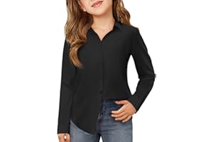 Haloumoning Blusas de manga larga para niña, con botones, camisa para niños, monocolor, con botones, básica, corte regular, uniforme escolar, 5-14 años