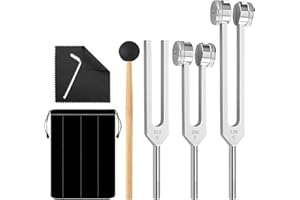 PORFOYO Juego de diapasón para terapia de diapasón, 128 Hz, 256 Hz, 512 Hz, diapasón neurología, aleación de aluminio, juego de diapasones portátiles con martillo reflejo, para meditación, terapia de sonido