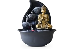 ZEN LIGHT Fontanna Buddy Praya - Wyjmowana fontanna Buddy - Egzotyczna dekoracja Zen - Prezenty - Fontanna stołowa Światło LED - Obwód zamknięty - Brązowy i złoty - H 26 cm - Zen'Light