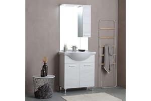 Kiamami Valentina - Mobile bagno a terra 75cm 2 ante quercia bianco e specchio con pensile Rimini