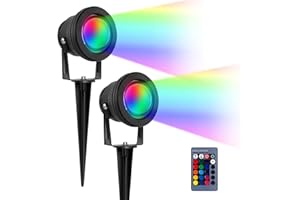 kefflum 2 Pack Spot Extérieur à Piquer RGB, 10W LED Spot Jardin Etanche IP65 avec Télécommande, 16 Couleurs & 4 Modes, Éclairage Extérieur pour Terrasse Jardin, 1.5m Cable