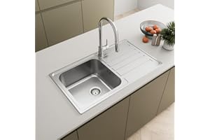SÄUBER® 860 x 500mm Stainless Steel Kitchen Sink Single One 1.0 Bowl Inset Drop in Installation, Right Hand Drainer, 18/8 Grade Steel Sinks, Free Basket Strainer Waste