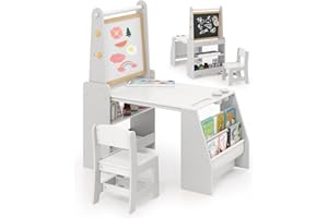 LIFEZEAL Tavolino e Sedia per Bambini, Tavolo da Disegno con Lavagna a Doppia Faccia, Rotolo di Carta, Sacchi Portaoggetti, Sedia Ergonomica con Schienale (grigio)