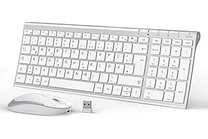 iClever Zestaw bezprzewodowej klawiatury, mysz z możliwością ponownego ładowania, układ QWERTZ (niemiecki), ultra cienki do komputera/komputera stacjonarnego/laptopa/Windows 10/8/7, kolor biały i