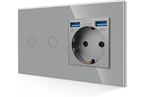JIMEIDA Toma USB con interruptor de luz en gris, Toma Schuko 3 en 1 de cristal de 16A de empotrar con 2 cargadores USB (2.1A), interruptor de pared táctil de 2 pines con LED de estado, 86mm*157mm