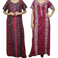 Mogul Interior 2 pc Women Cotton Caftan Dress Bohemian Printed Long Night Wear Gown XL