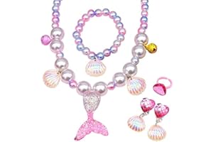 LICHUANUK 5 Stk Meerjungfrau Schmuck Set für Mädchen,Meerjungfrau Kinderschmuck Halskette,Ringe,Armbänder,Ohrring,für Geburtstag Party Karneval(Rosa)
