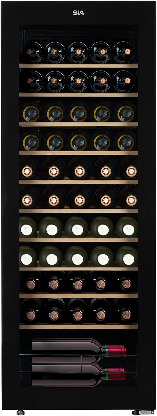 SIA HSWC150BL/G Freestanding Under Counter 150L Wine Cooler Fridge, 58 Bottle Capacity, Glass Door, Wooden Shelves, Digital Display and LED Light, Black, 2 Years Parts and Labour Guarantee