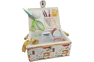 JYC CREATIVE Nähkästchen aus Holz, mittelgroß, mit Zubehör, mit Stoff ausgekleidet, mit 8 Fächern, Organizer mit Nadelfach, Box mit Griff, Zubehörtablett (mittelgroß, Maschine)