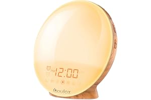 COULAX Despertador con luz, despertador, luz diurna, amanecer, puesta de sol, simulación de la calidad del sueño, con dos alarmas, radio FM para adultos y niños (grano de madera)