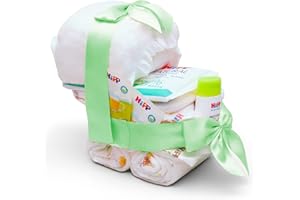 MilaBoo® Gâteau de couches pour poussettes avec produits Hipp vert I Cadeau de naissance ou de baptême I Gâteau de couches premium fait main Neutre pour fête de bébé I Made in Germany