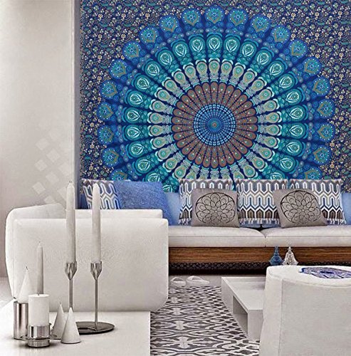 Wandbehang, Mandala-Design, Psychodelisches Motiv: indischer Pfau, 220 x 240 cm, Blau - 2