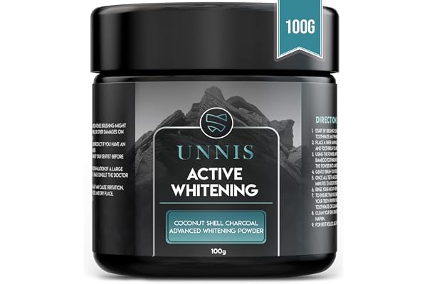 UNNIS Poudre de Blanchiment Dentaire au Charbon Actif, Poudre Blanchissante Dents Naturelle pour Nettoyage, Sûre pour les Gencives et l’Émail, 100 g