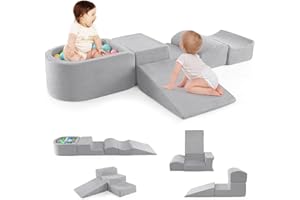 COSTWAY 5-Piece Soft Play Climbing Blocks, Baby Climb and Crawl Playset with Ball Pit, Foam Playground Montessori Toy for Toddlers (Grey)