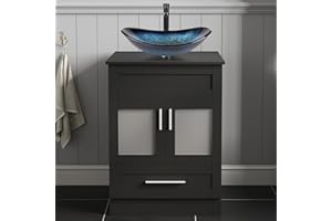 ARTETHYS Bathroom Vanity Unit with Basin, 60cm Bathroom Sink Cabinet with 2 Doors and a Drawer, Black Cloakroom Cabinet Free Standing with Blue Countertop Basin