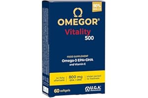 Omegor Vitality 500 - Supplément alimentaire avec 90% des oméga 3 sous forme de triglycérides - vitamine E - pour le cœur, vue et cerveau en santé - Certifié IFOS - sans arrière-goût - 60 gélules