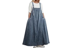 PURSUIT-W Damen Jeans Latzkleid Lose Latzrock Lang Trägerrock Elegant Knielang Jeansrock Overall Volant Jeanskleid A-Linie Kleid Maxikleid Loose Trägerkleid Hohltaschenkleid mit Taschen