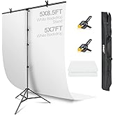 EMART White Background with Stand, 1.5x2.0m(5x7ft) Whitescreen with 1.5x 2.6m(5x 8.5ft) T-Shape Backdrop Support, Photography