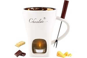 Gosknor Kubek Fondue Czekoladowego z Widelcem, Słodki Kubek Rozpuszczania z Podgrzewaczem do Czekolady Serów Deserów Ceramiczny Zestaw do Fondue Prezent na Randki Urodziny Rocznice (Biały)