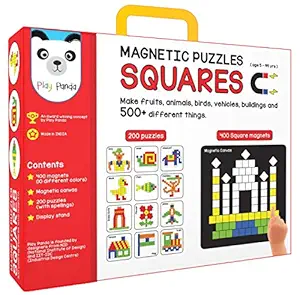 Play Panda Magnetic Puzzles Squares - 400 Colorful Magnets, 200 Puzzles, Magnetic Board, Display Stand - for Boys and Girls